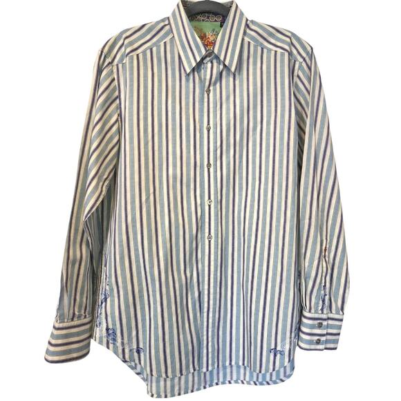 Robert Graham Shirt Men's Blue Striped Button Up Embroidered Flip Cuff | M EUC - Picture 13 of 16